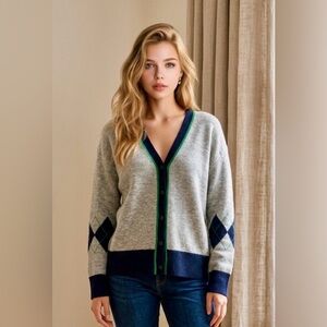 CeCe by Vince Camuto Women's Argyle Cardigan Sweater in Heather Gray L